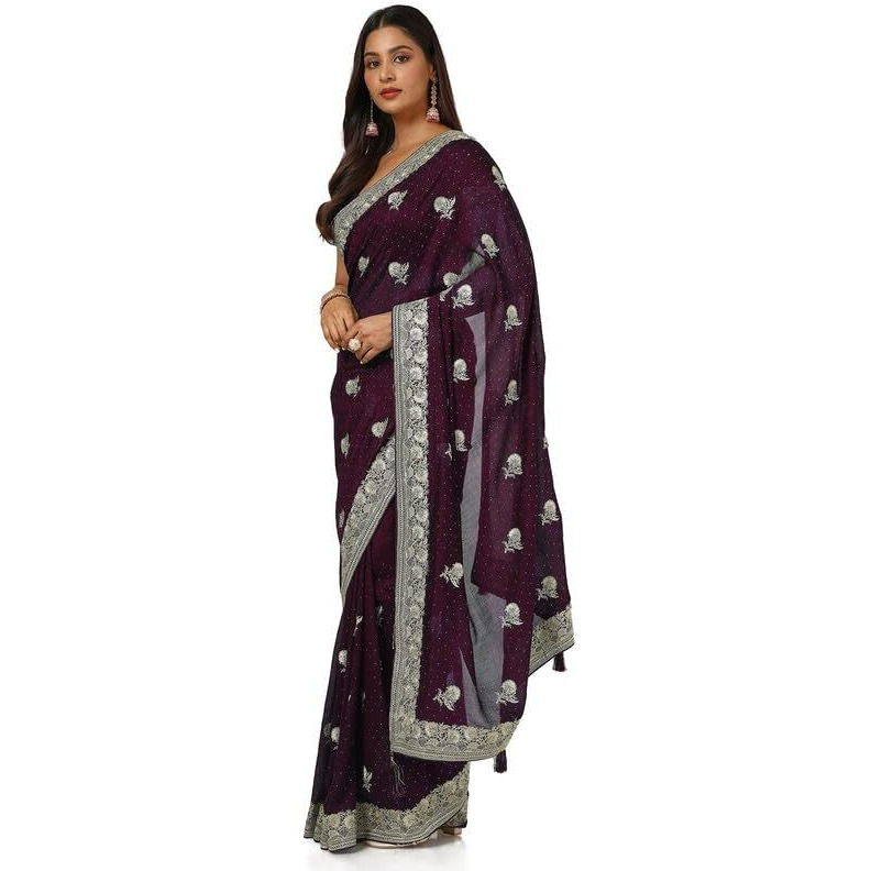 Soch Womens Wine Tussar Embroidered Saree With Stone Work