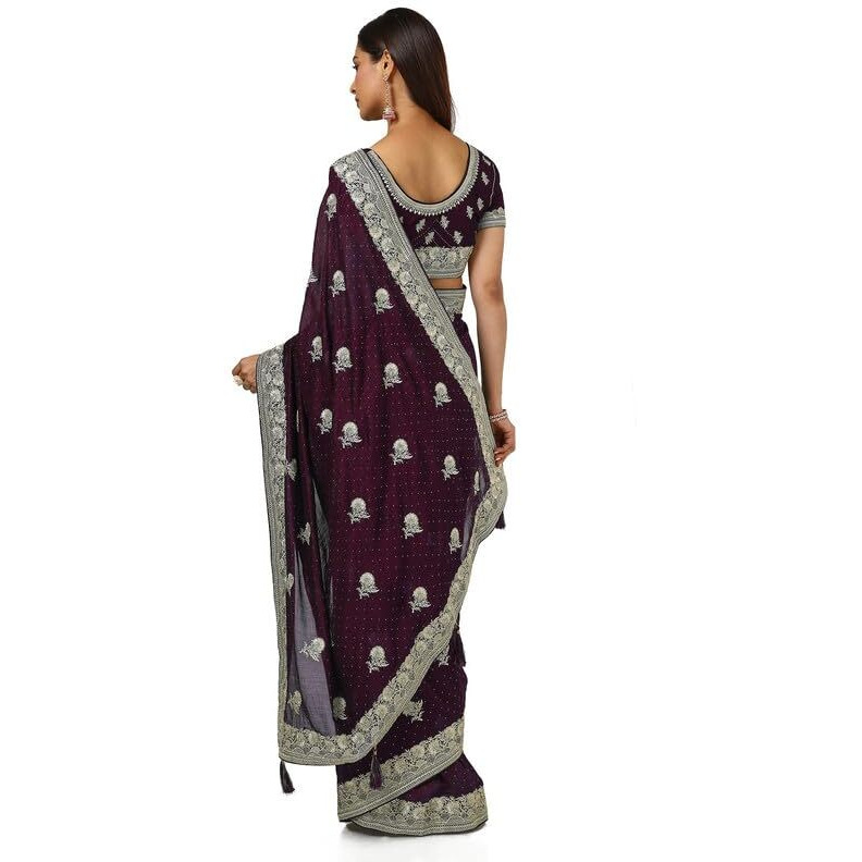 Soch Womens Wine Tussar Embroidered Saree With Stone Work