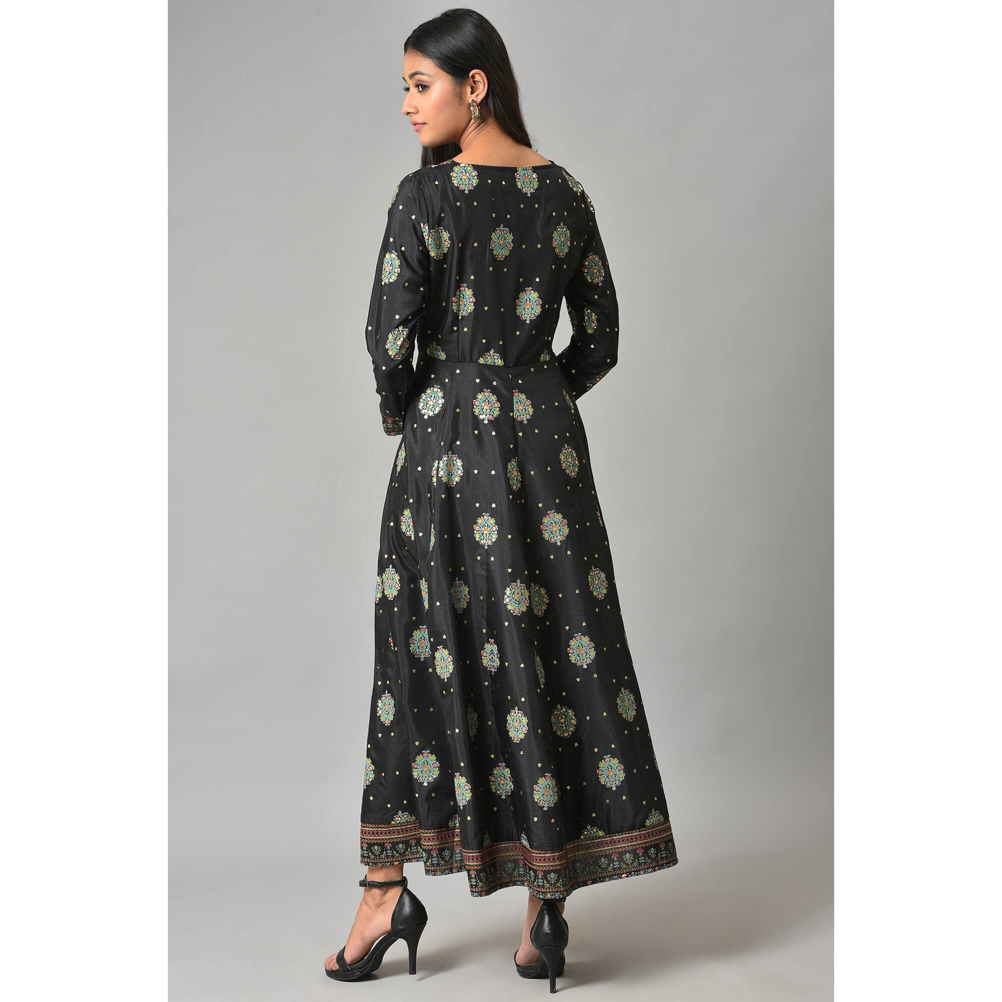 W For Woman Black Floral Printed Synthetic Maxi Dress With Gold Foil Print