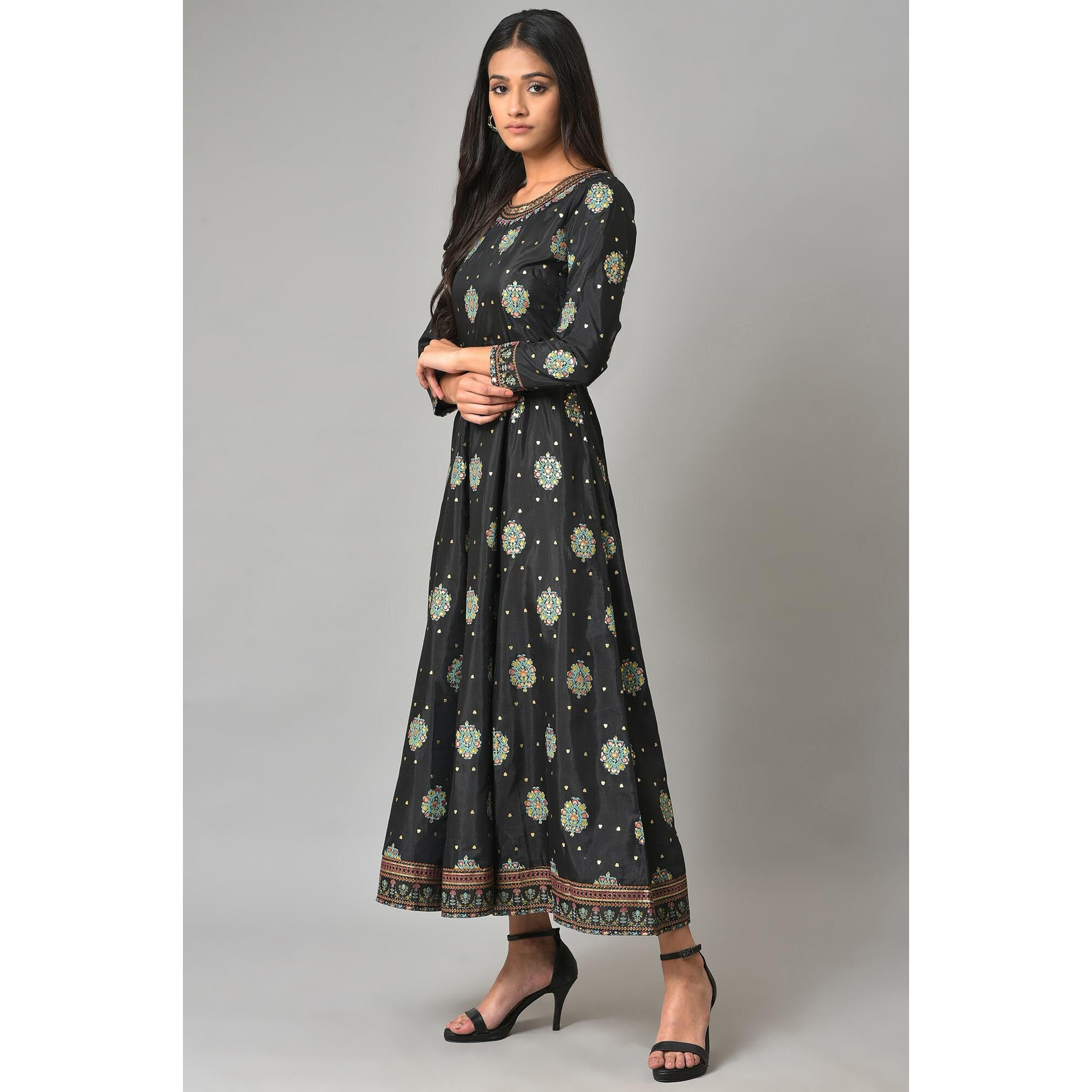 W For Woman Black Floral Printed Synthetic Maxi Dress With Gold Foil Print