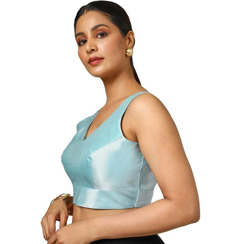 Soch Women's Tissue Zari Woven Sleeveless Regular Blouse (Blslsld00670A_Powder Blue 38)