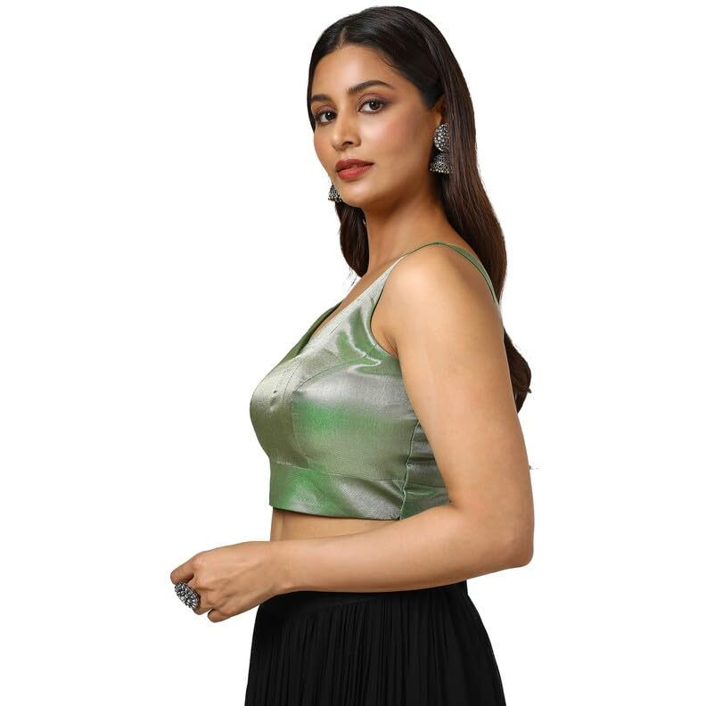 Soch Women's Tissue Zari Woven Sleeveless Regular Fit Blouse (Blslsld00670G_Green 38)