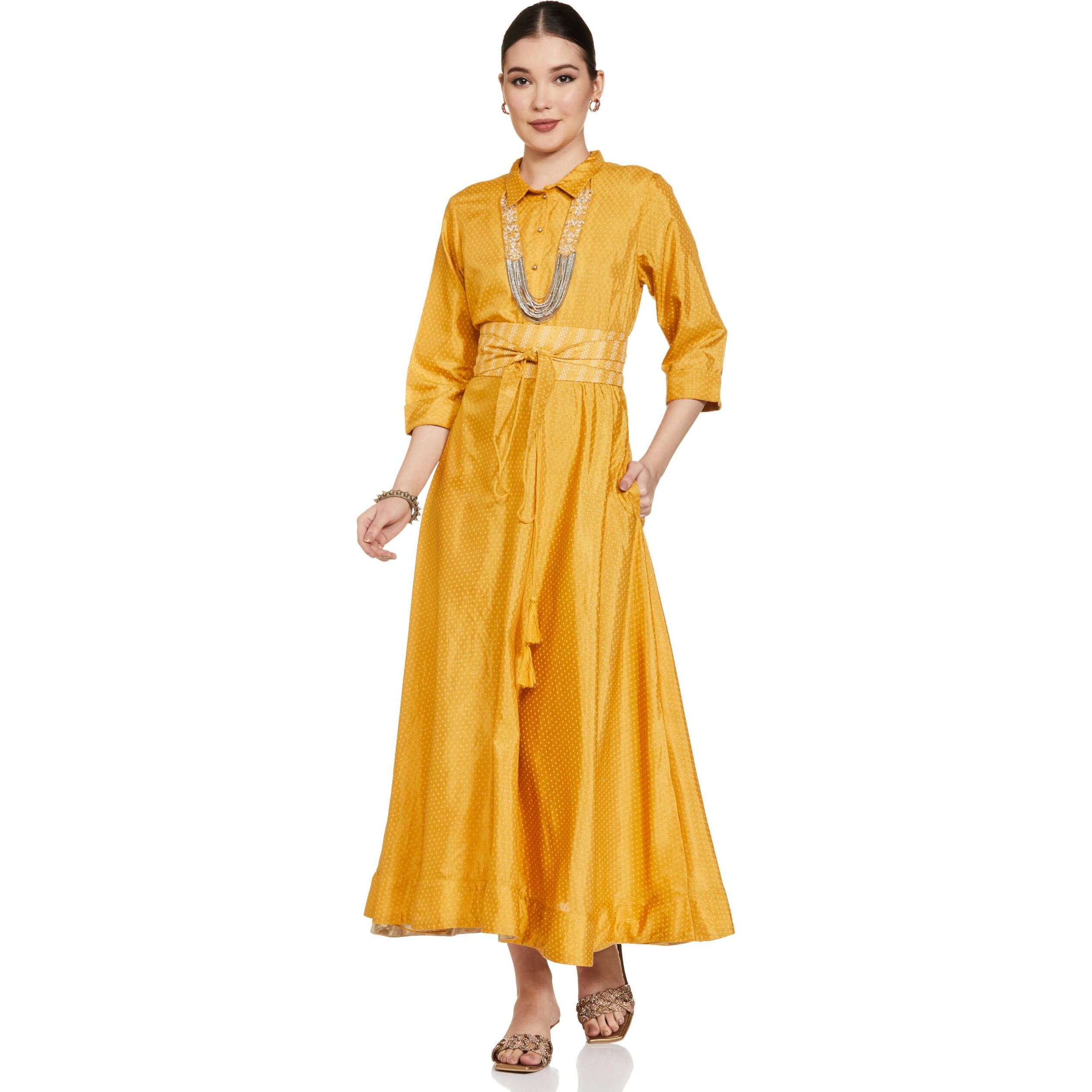 W For Woman Dark Yellow Polka Dot Glitter Maxi Dress With Embroidery