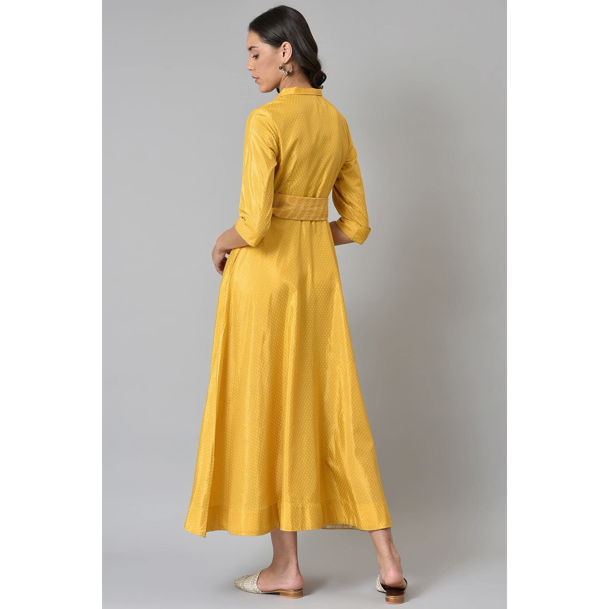 W For Woman Dark Yellow Polka Dot Glitter Maxi Dress With Embroidery