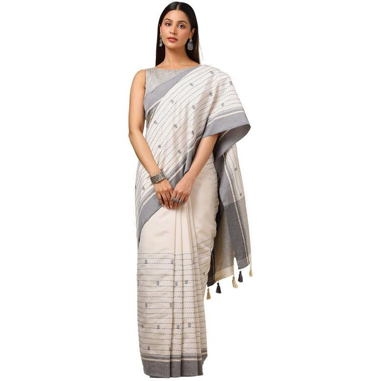 Soch Womens Cream Tussar Kantha Embroidered Saree