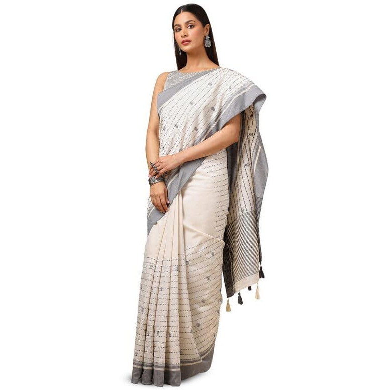 Soch Womens Cream Tussar Kantha Embroidered Saree