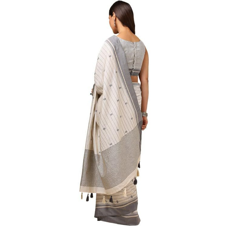 Soch Womens Cream Tussar Kantha Embroidered Saree