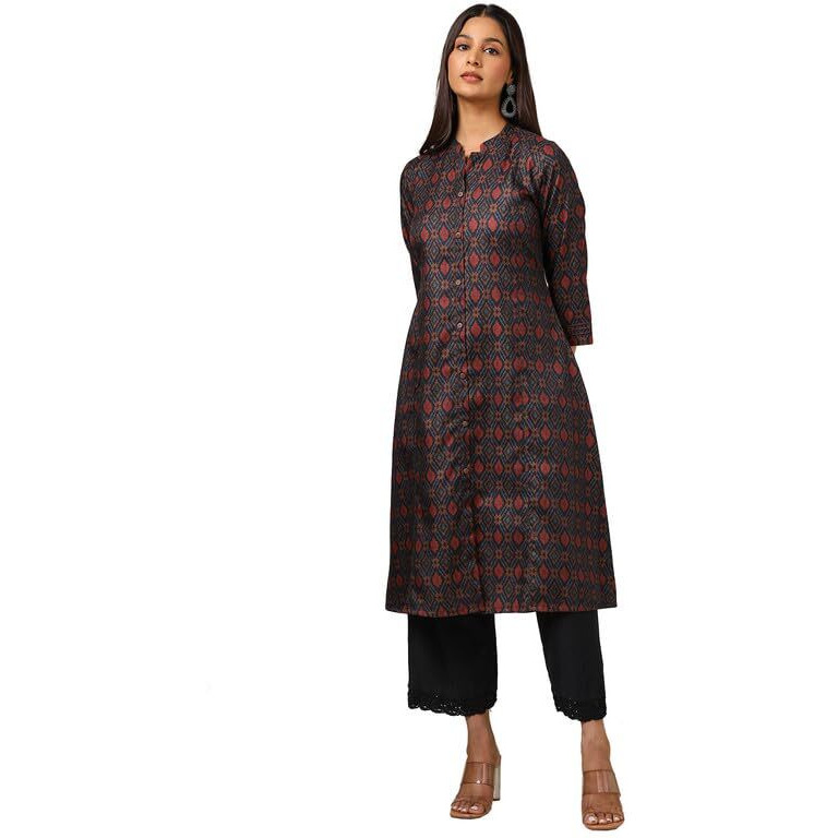 Soch Womens Navy Blue Linen Blend Ikat Print Kurta