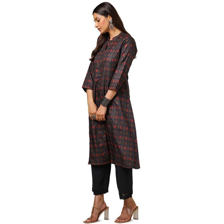 Soch Womens Navy Blue Linen Blend Ikat Print Kurta