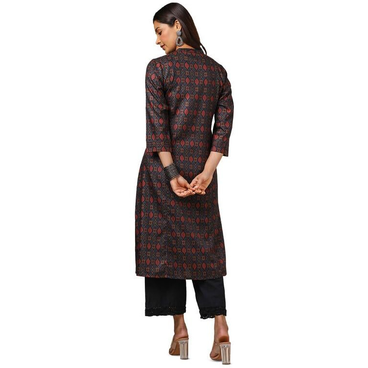 Soch Womens Navy Blue Linen Blend Ikat Print Kurta