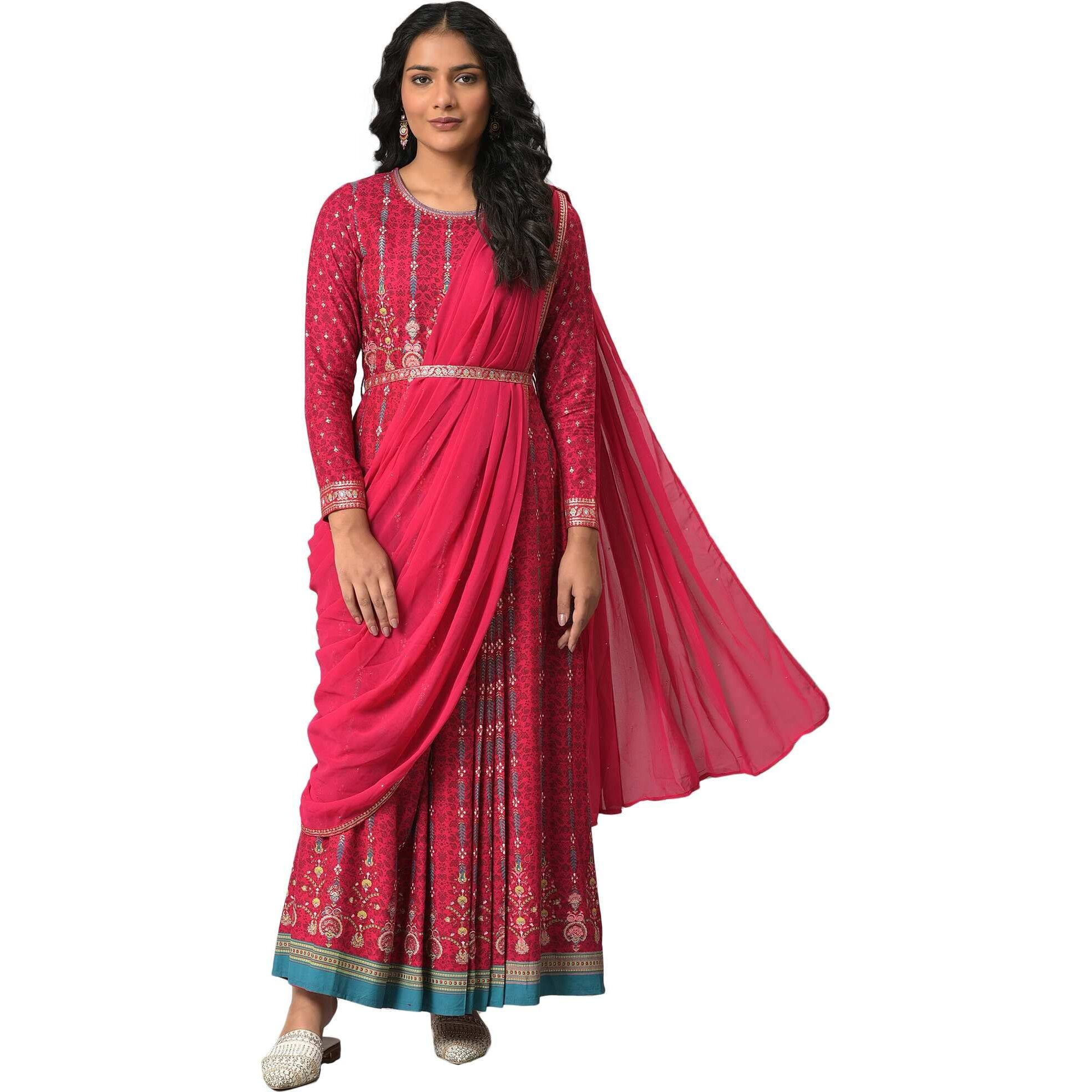 W For Woman Dark Pink Ethnic Motif Stylised Dress