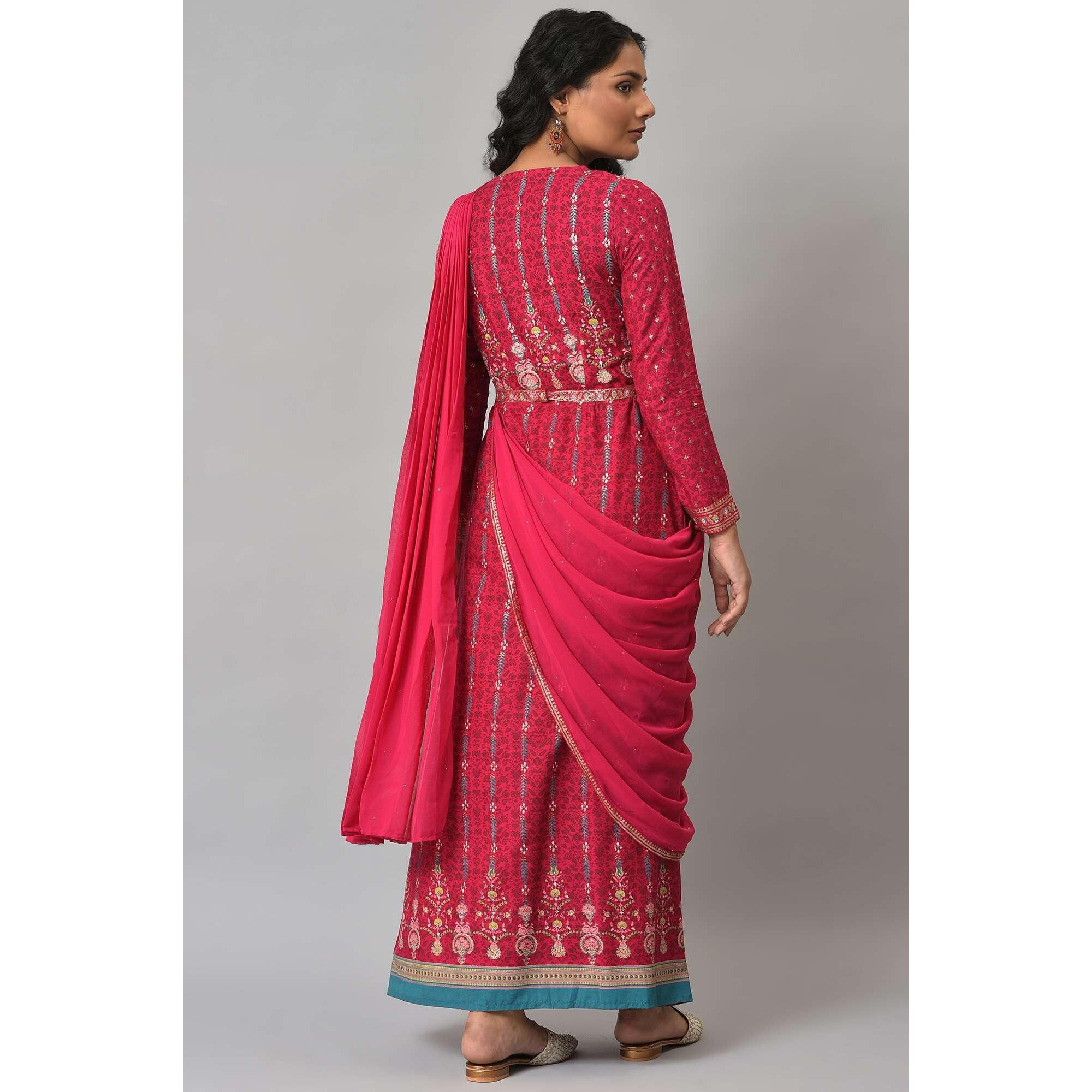 W For Woman Dark Pink Ethnic Motif Stylised Dress