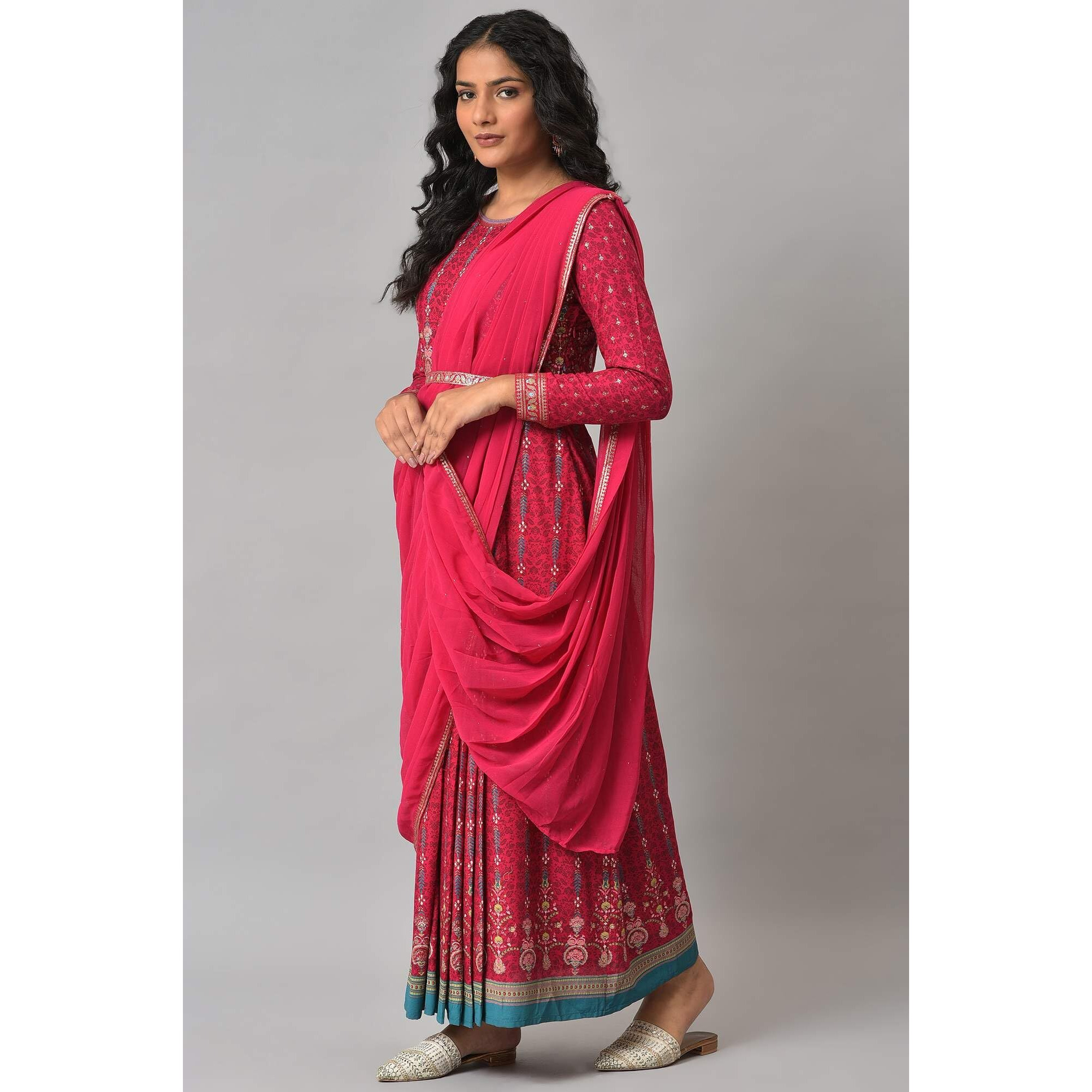 W For Woman Dark Pink Ethnic Motif Stylised Dress