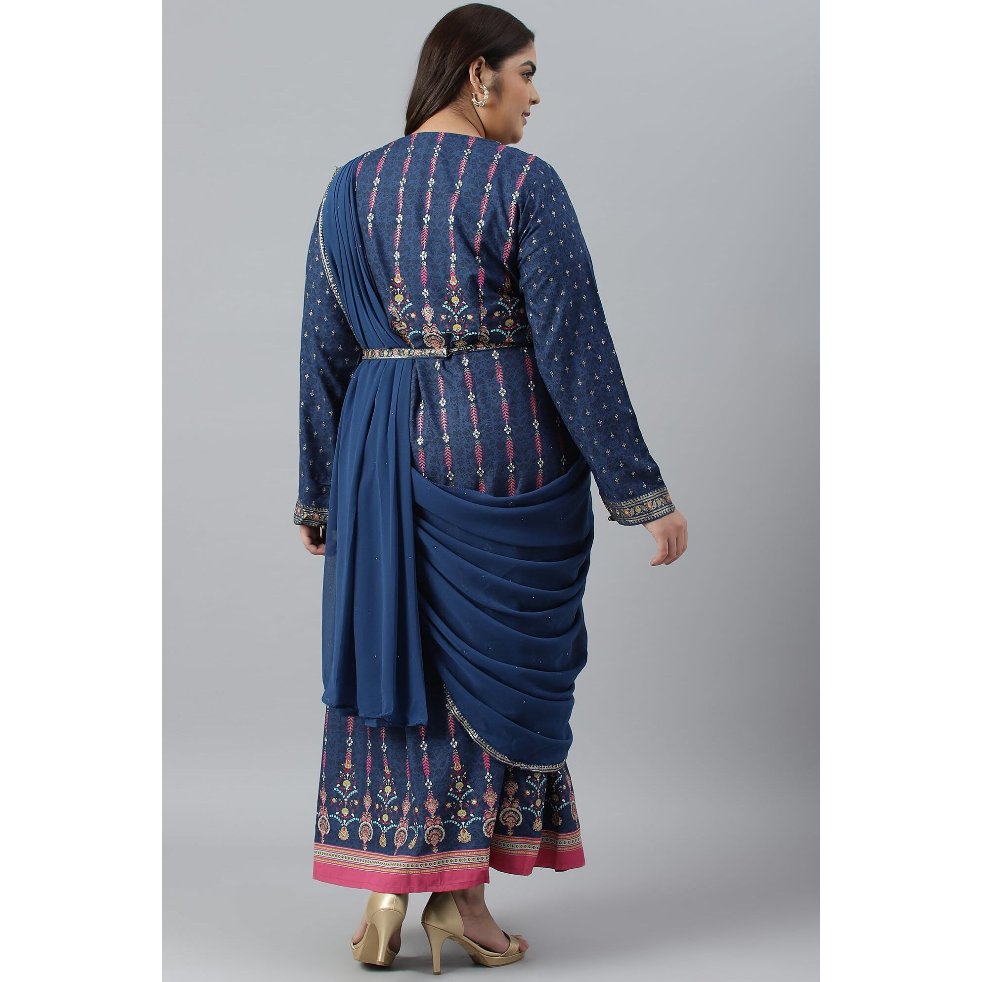 W For Woman Dark Blue Glitter Printed Festive Plus Size Insta Saree Dress_22Auw18360G-119968_5Xl