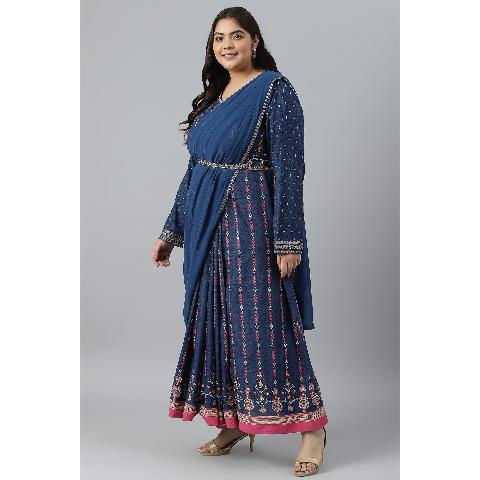 W For Woman Dark Blue Glitter Printed Festive Plus Size Insta Saree Dress_22Auw18360G-119968_5Xl