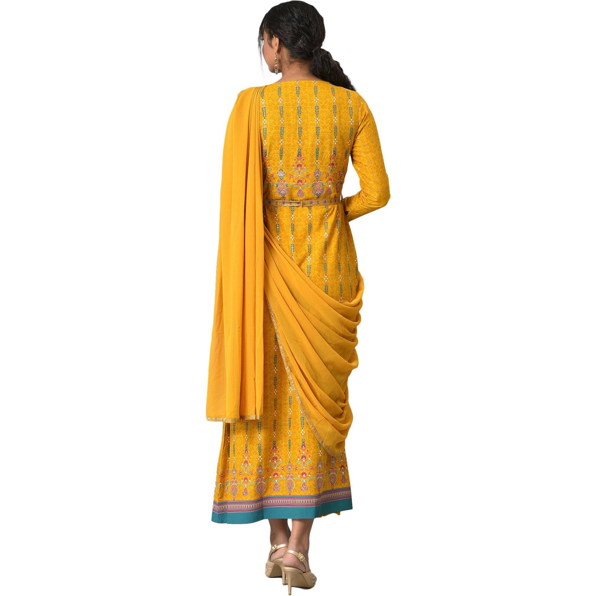 W For Woman Dark Yellow Ethnic Motif Glitter Sequin Stylised Dress