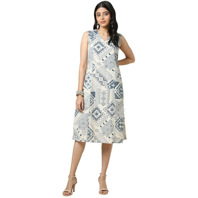 Soch Womens Beige Cotton Slub Geometric Print Dress