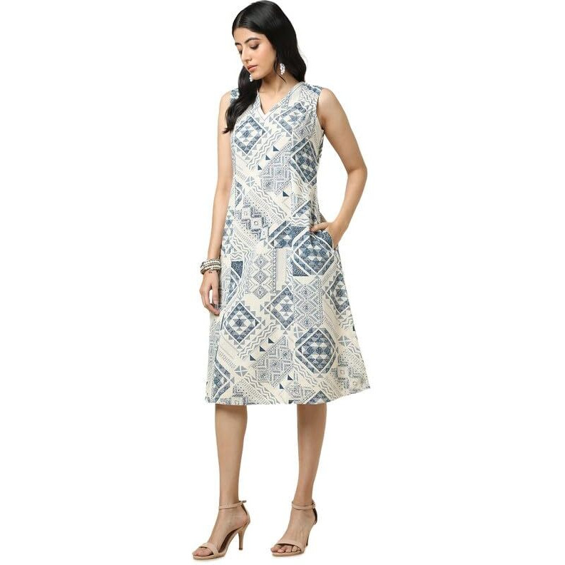 Soch Womens Beige Cotton Slub Geometric Print Dress
