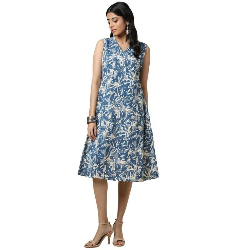 Soch Womens Beige Cotton Slub Floral Print Dress