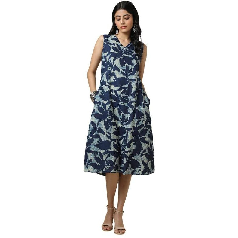 Soch Womens Indigo Cotton Slub Abstract Print Dress
