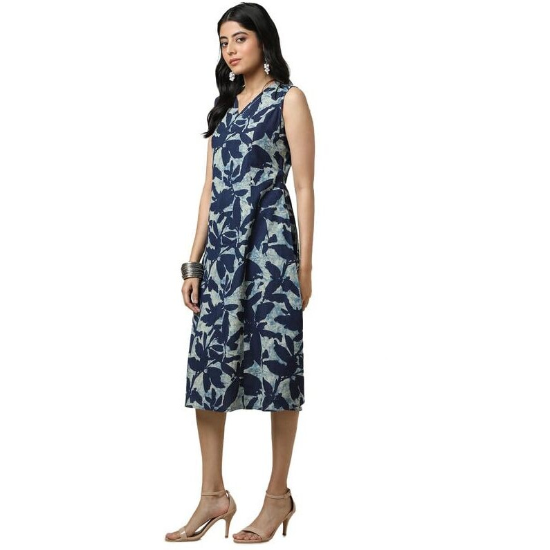 Soch Womens Indigo Cotton Slub Abstract Print Dress