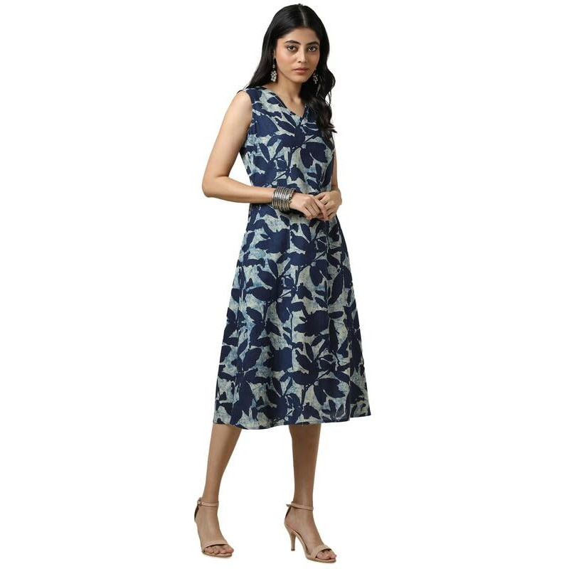 Soch Womens Indigo Cotton Slub Abstract Print Dress