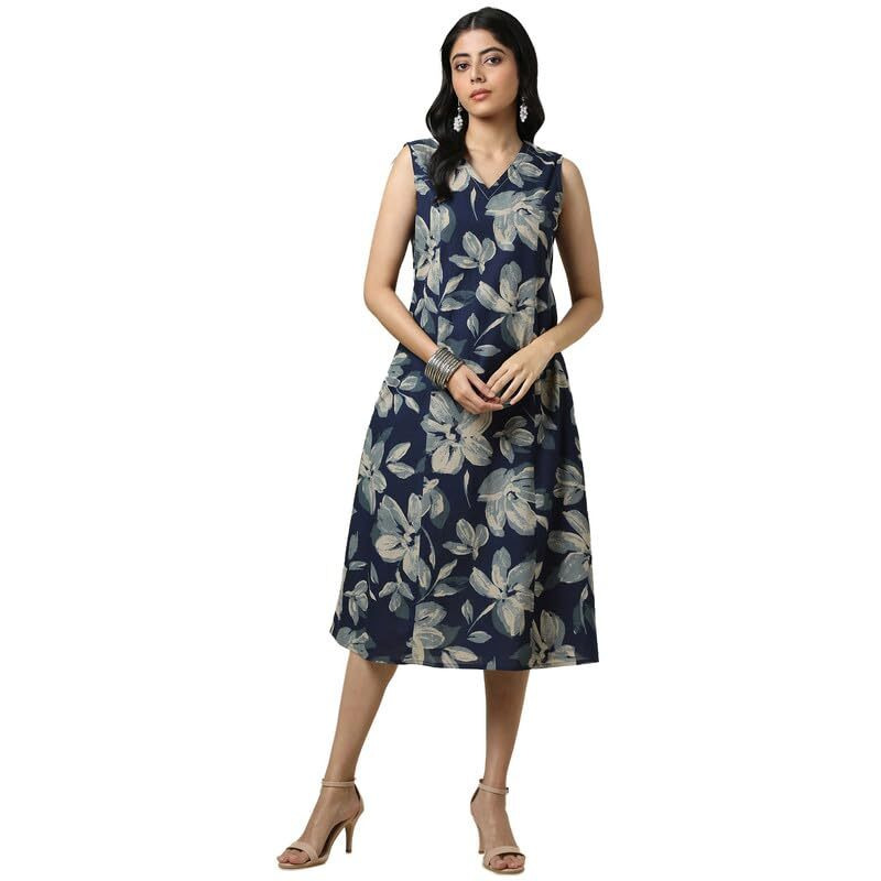 Soch Womens Indigo Cotton Slub Floral Print Dress