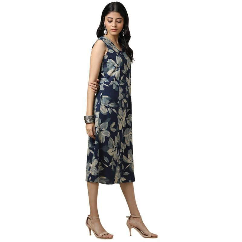 Soch Womens Indigo Cotton Slub Floral Print Dress