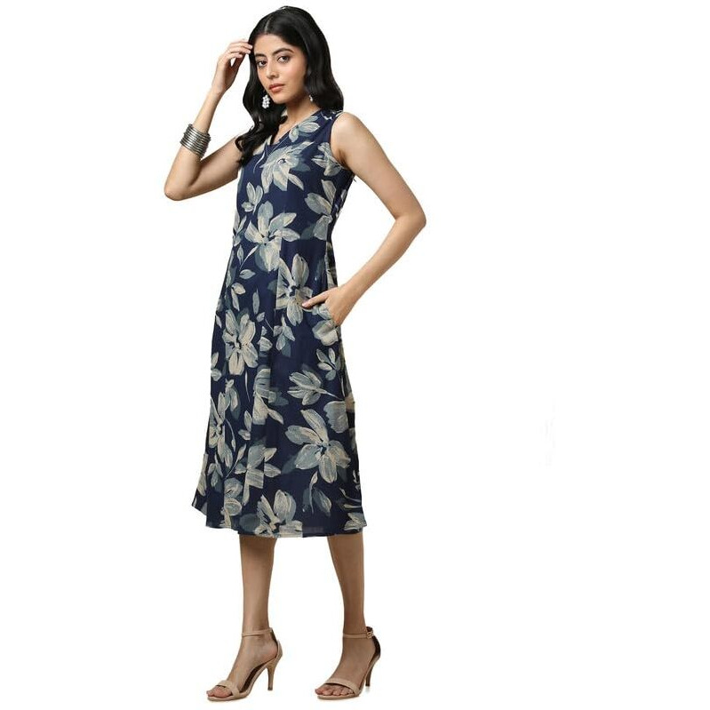 Soch Womens Indigo Cotton Slub Floral Print Dress