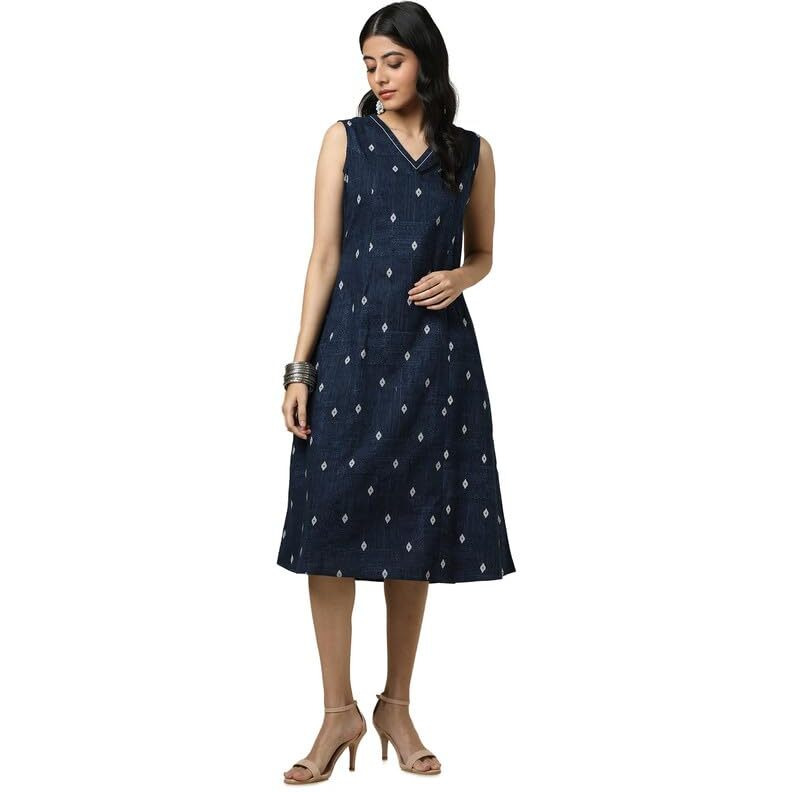 Soch Womens Indigo Cotton Slub Geometric Print Dress