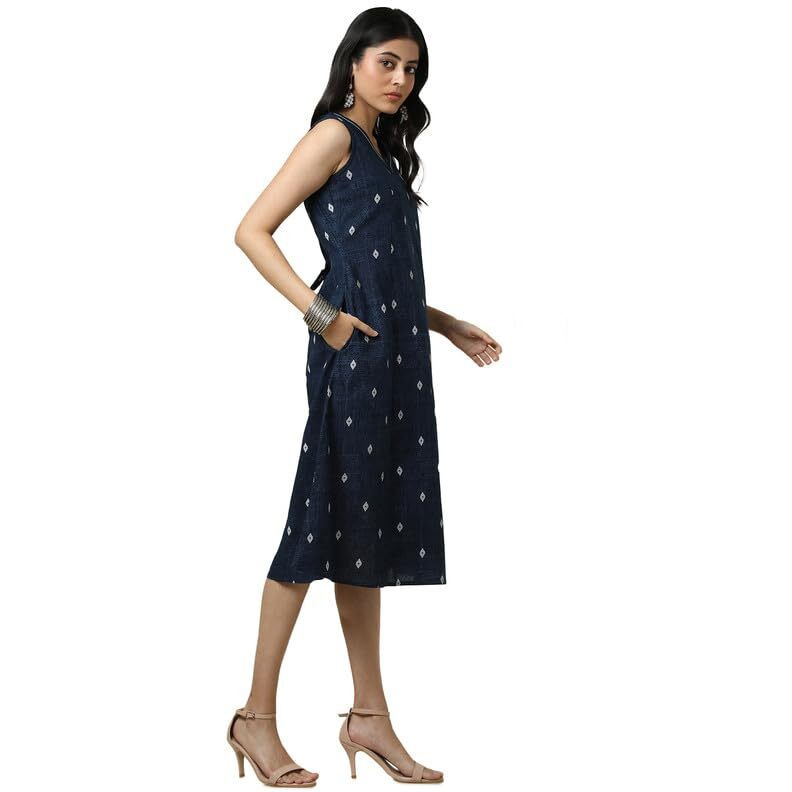 Soch Womens Indigo Cotton Slub Geometric Print Dress