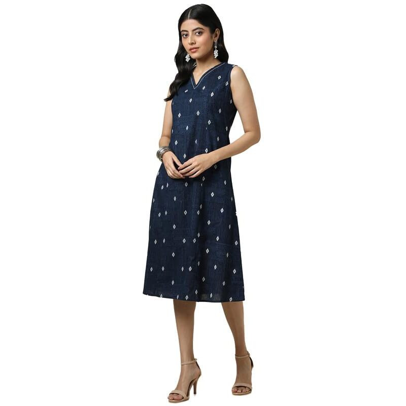 Soch Womens Indigo Cotton Slub Geometric Print Dress