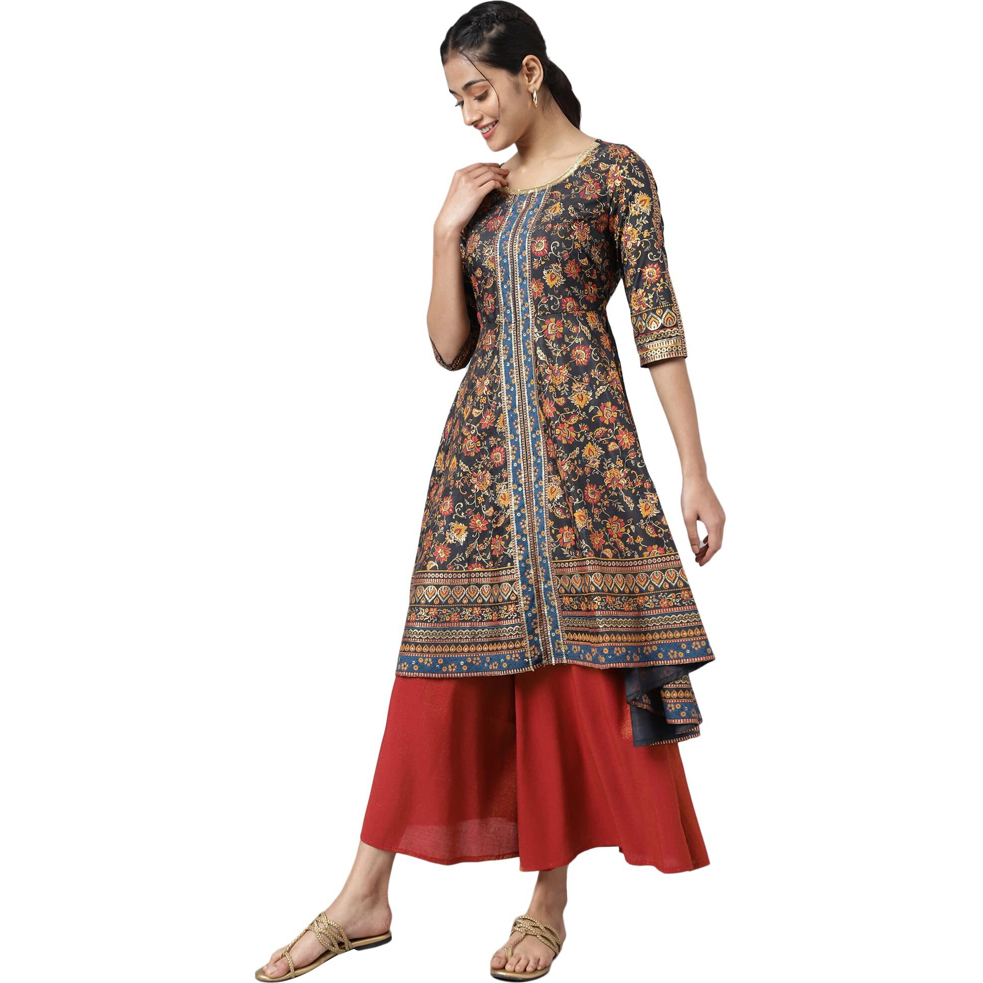Aurelia Polyester Women's Grey Floral Printed Straight Kurta_22Aua13480-505392_L