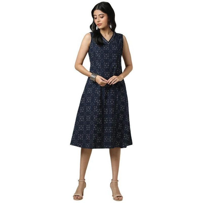Soch Womens Indigo Cotton Slub Abstract Print Dress