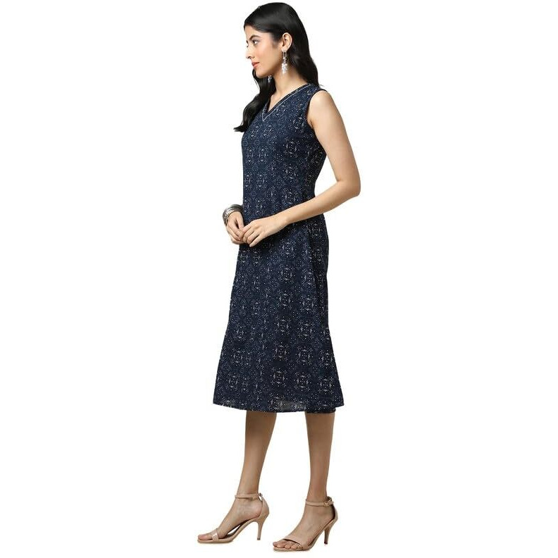 Soch Womens Indigo Cotton Slub Abstract Print Dress