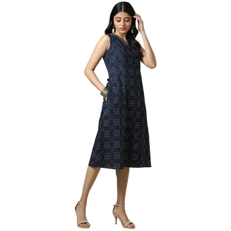 Soch Womens Indigo Cotton Slub Abstract Print Dress