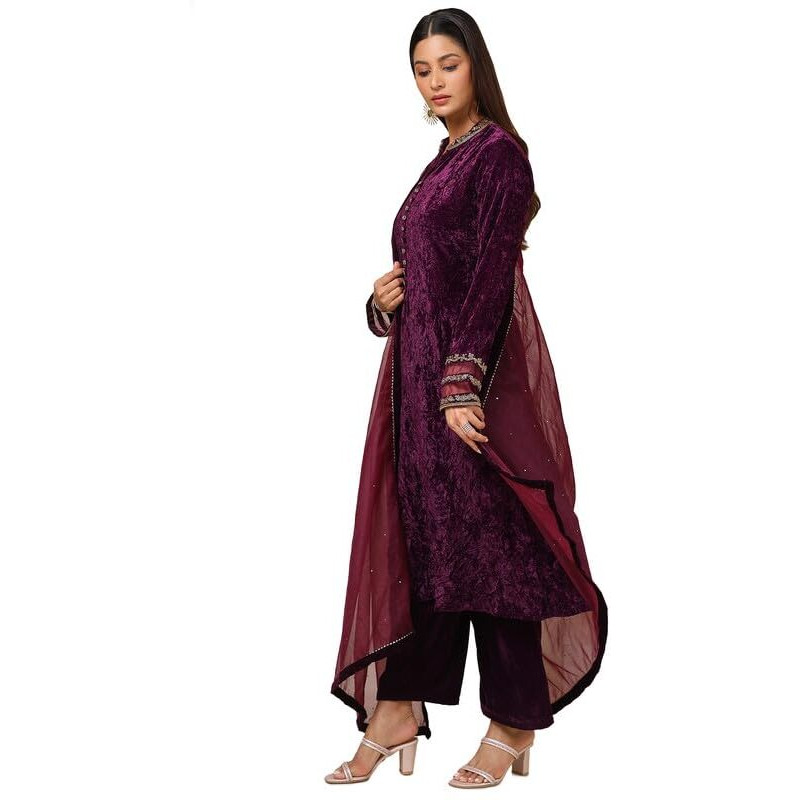 Soch Womens Wine Velvet Embroidered Suit Set With Beads And Stones