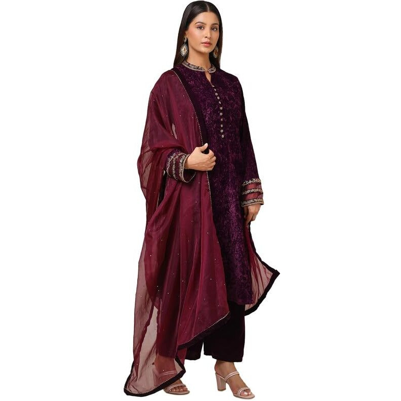 Soch Womens Wine Velvet Embroidered Suit Set With Beads And Stones