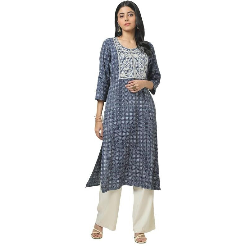 Soch Womens Blue Rayon Ethnic Motifs Kurta With Sequins