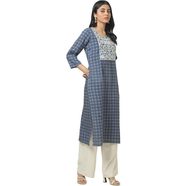Soch Womens Blue Rayon Ethnic Motifs Kurta With Sequins