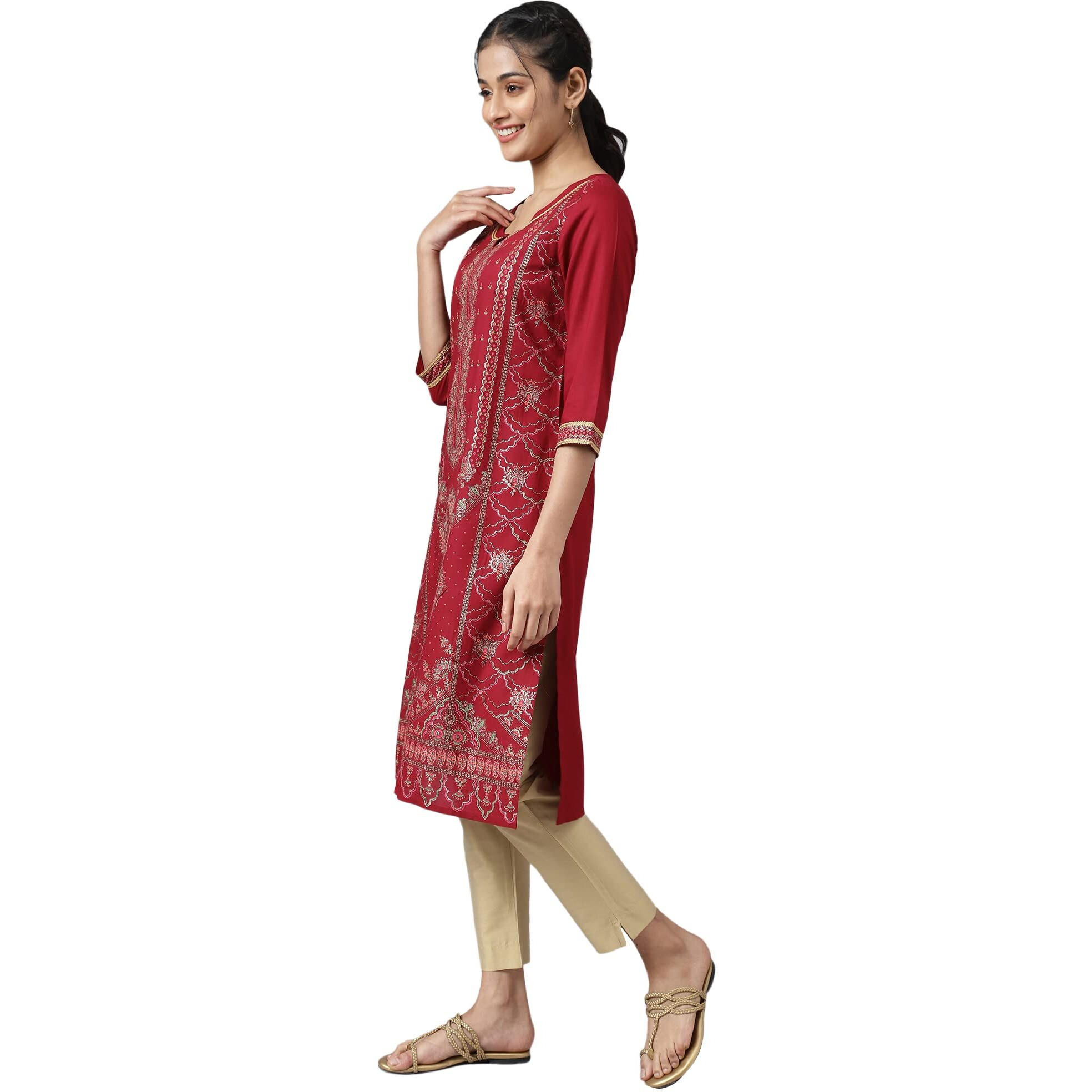 Aurelia Maroon Foil Pattern Regular Kurta For Women