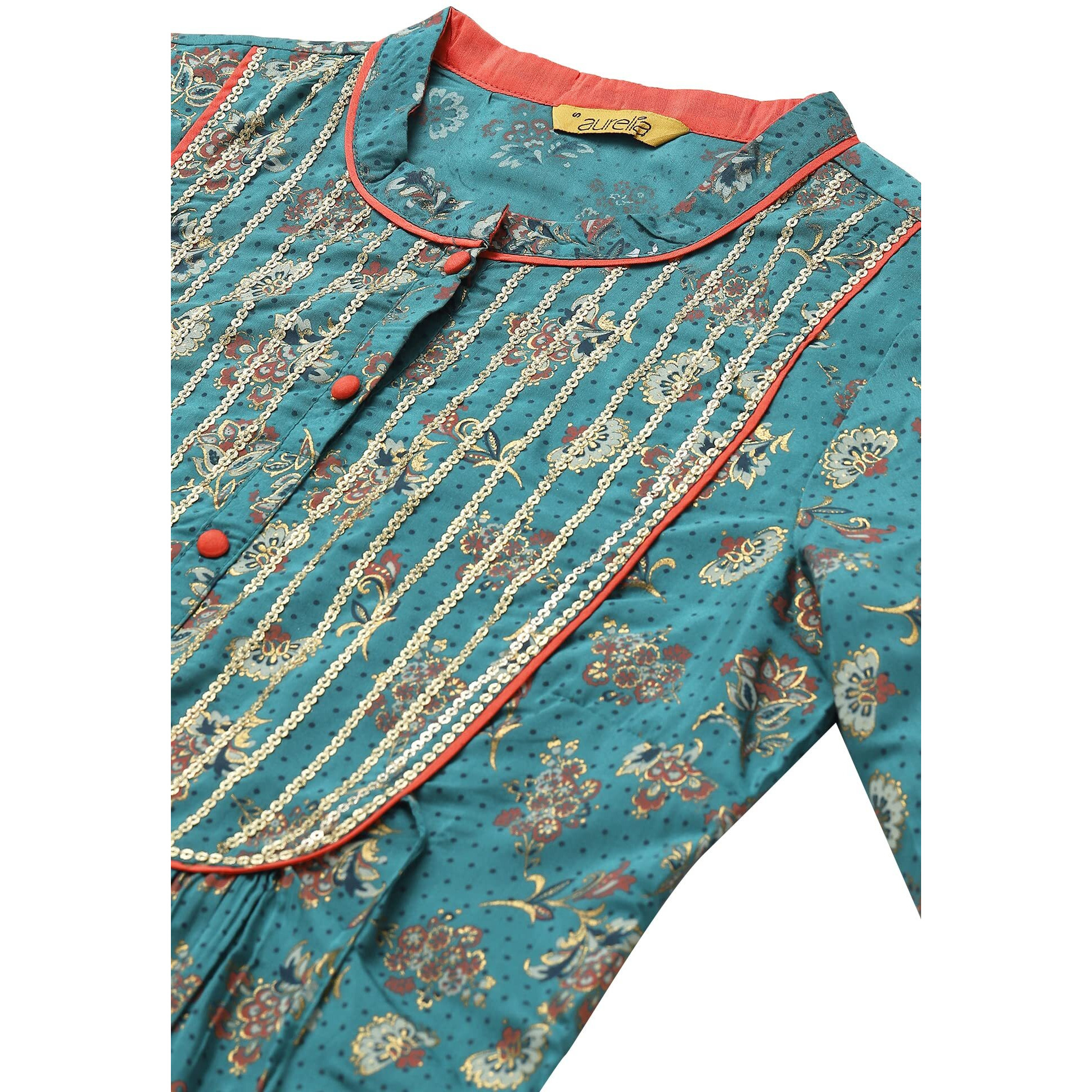 Aurelia Green Foil Sequin Regular Kurta For Women