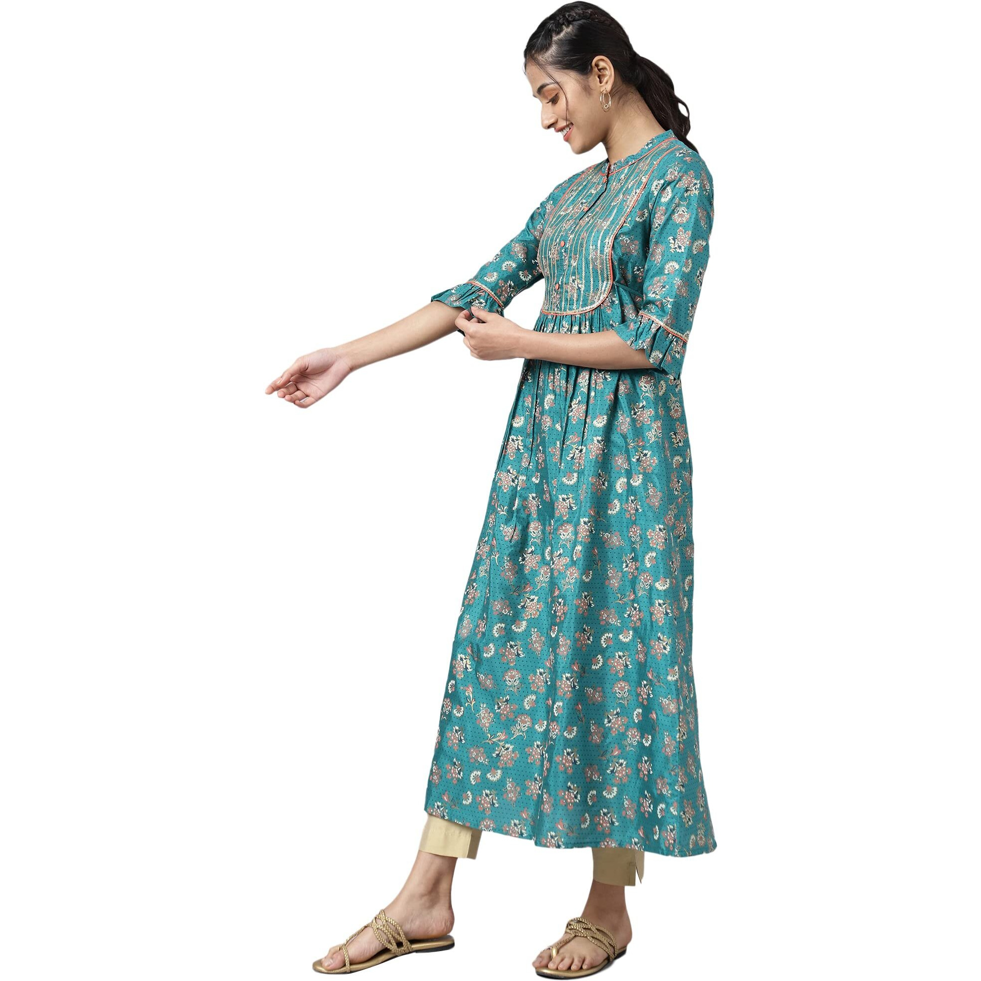 Aurelia Green Foil Sequin Regular Kurta For Women