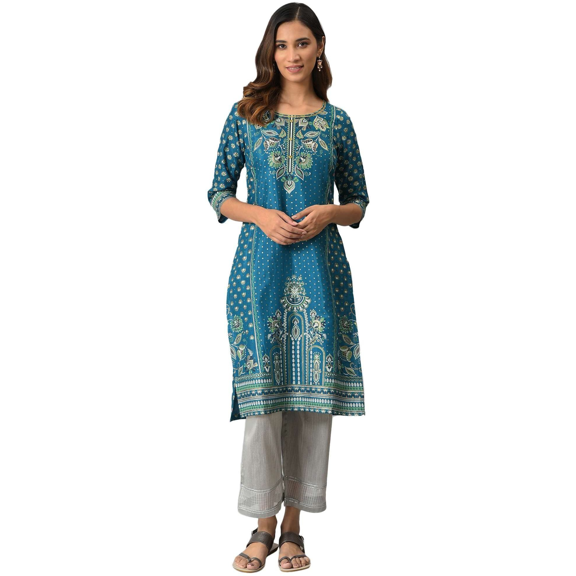 Aurelia Blue Foil Sequin Regular Kurta For Women