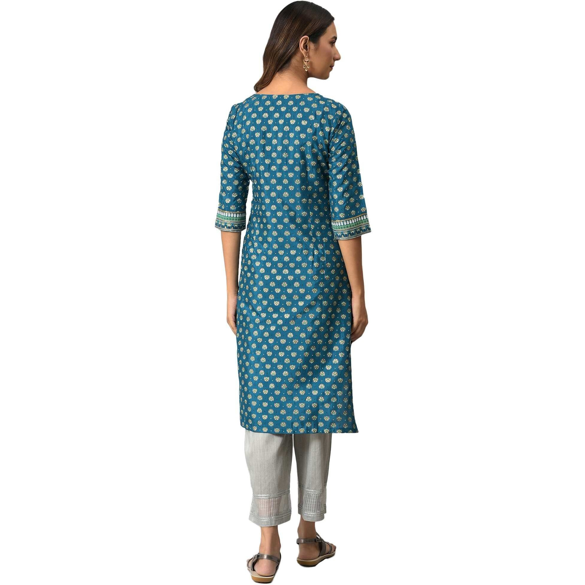 Aurelia Blue Foil Sequin Regular Kurta For Women