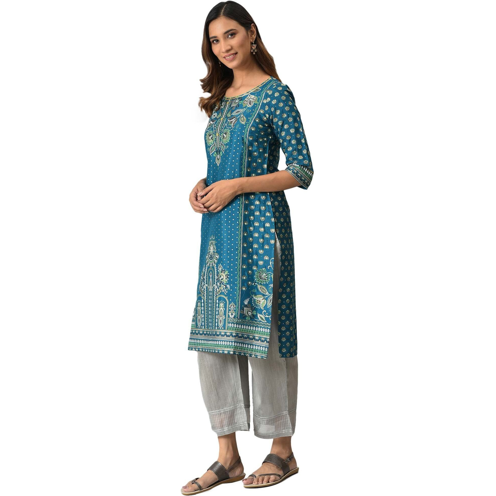 Aurelia Blue Foil Sequin Regular Kurta For Women