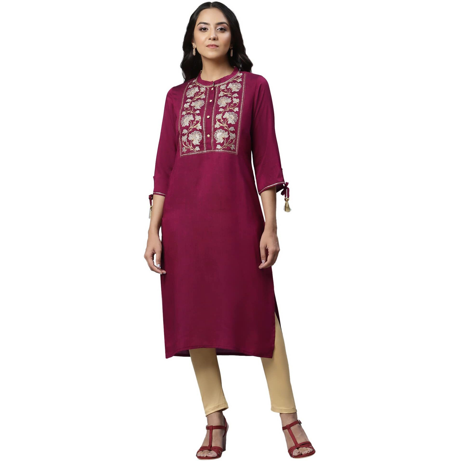 Aurelia Women's Viscose Fuschia Solid Band Collar Straight Kurta_22Aua13476-702839_L
