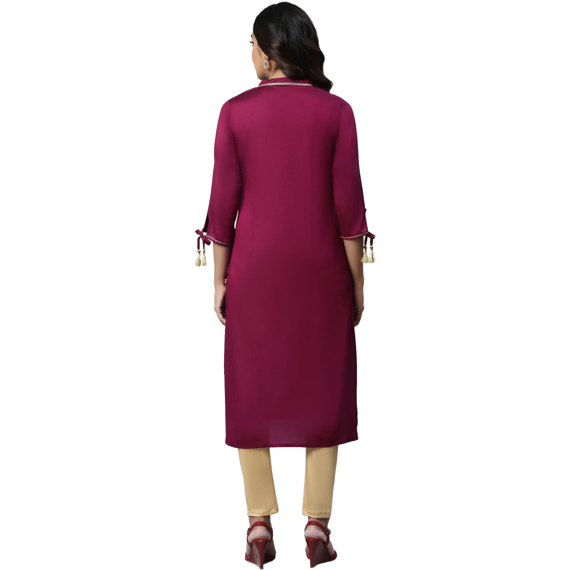 Aurelia Women's Viscose Fuschia Solid Band Collar Straight Kurta_22Aua13476-702839_L