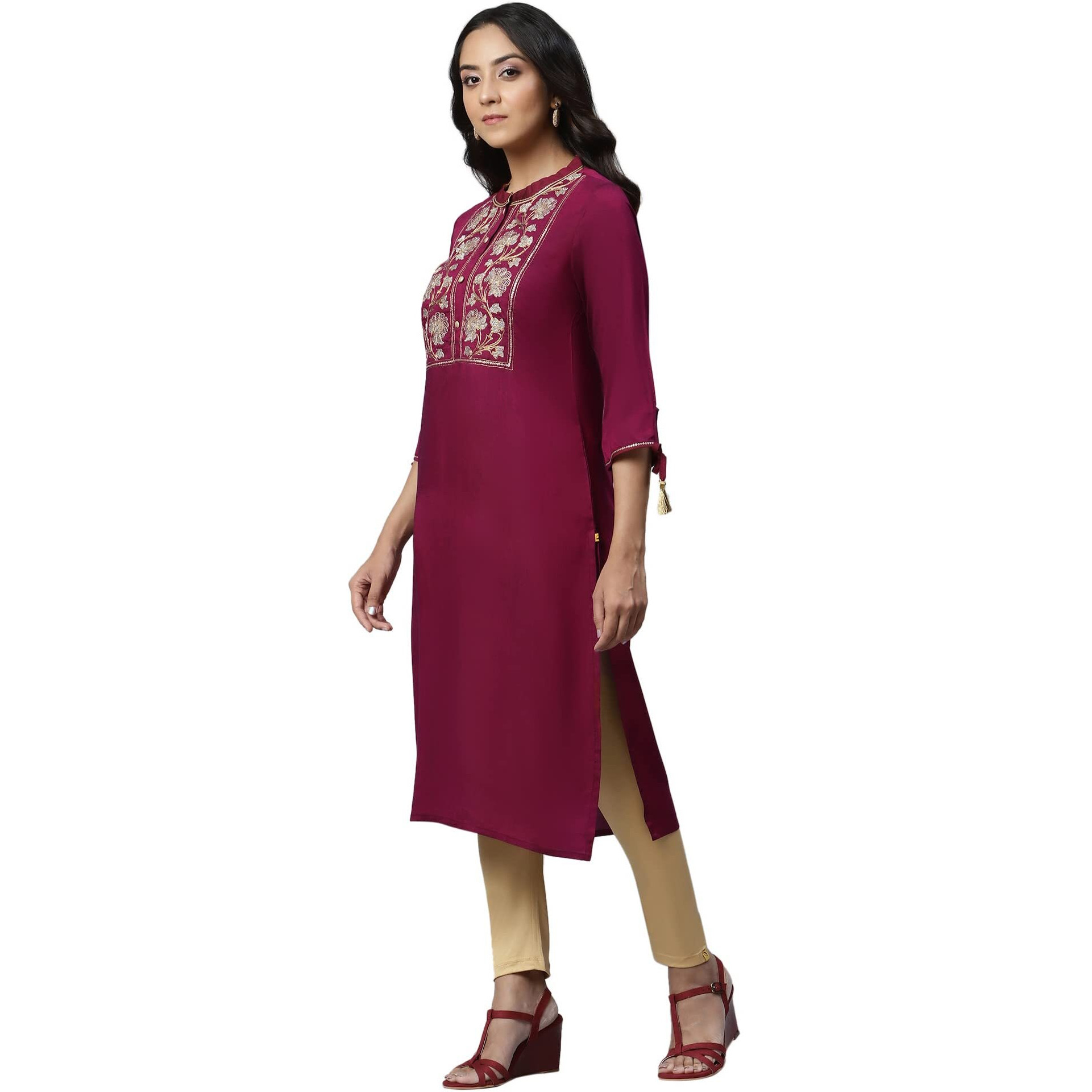 Aurelia Women's Viscose Fuschia Solid Band Collar Straight Kurta_22Aua13476-702839_L