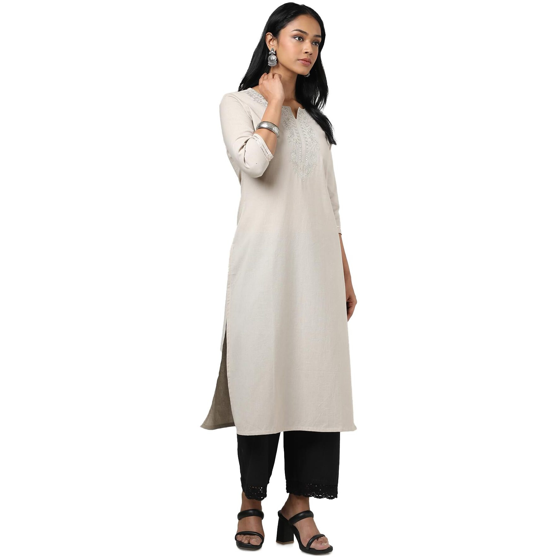 Soch Women's Cotton Flex Embroidered Regular Kurta (Cws5Ku61072_Beige